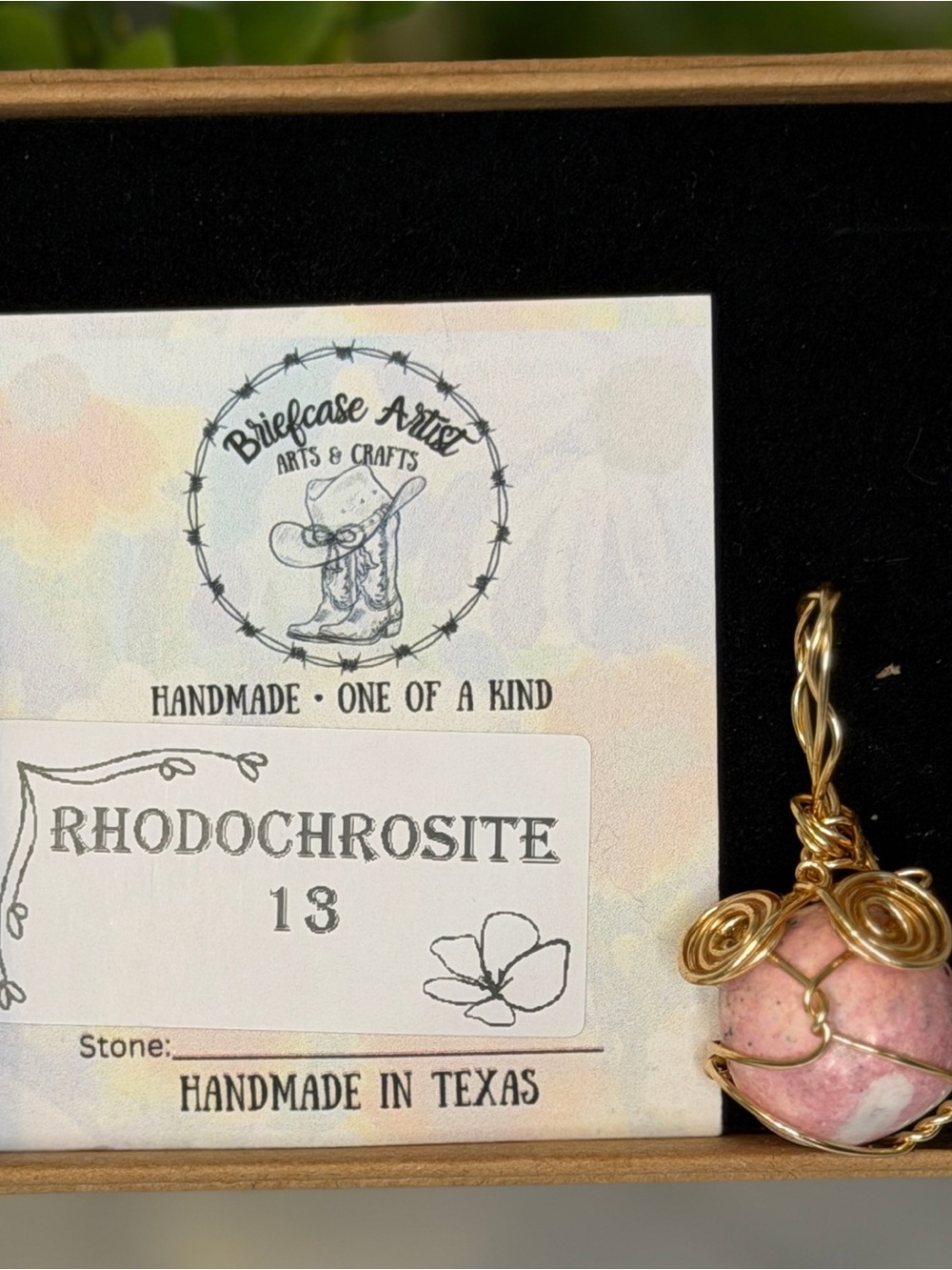 Rhodochrosite Wire Wrapped Pendant Charm Handmade Texas Artisan Gift